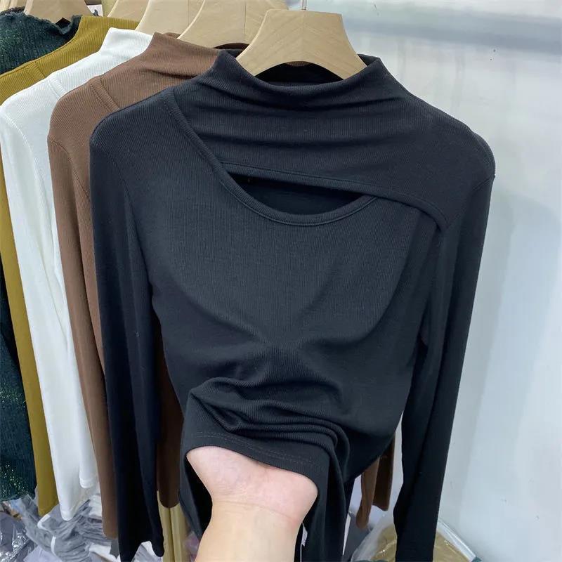 Plus Size Women's Semi-High Neck Hollow Out Long Sleeve T-Shirt for Autumn/Spring