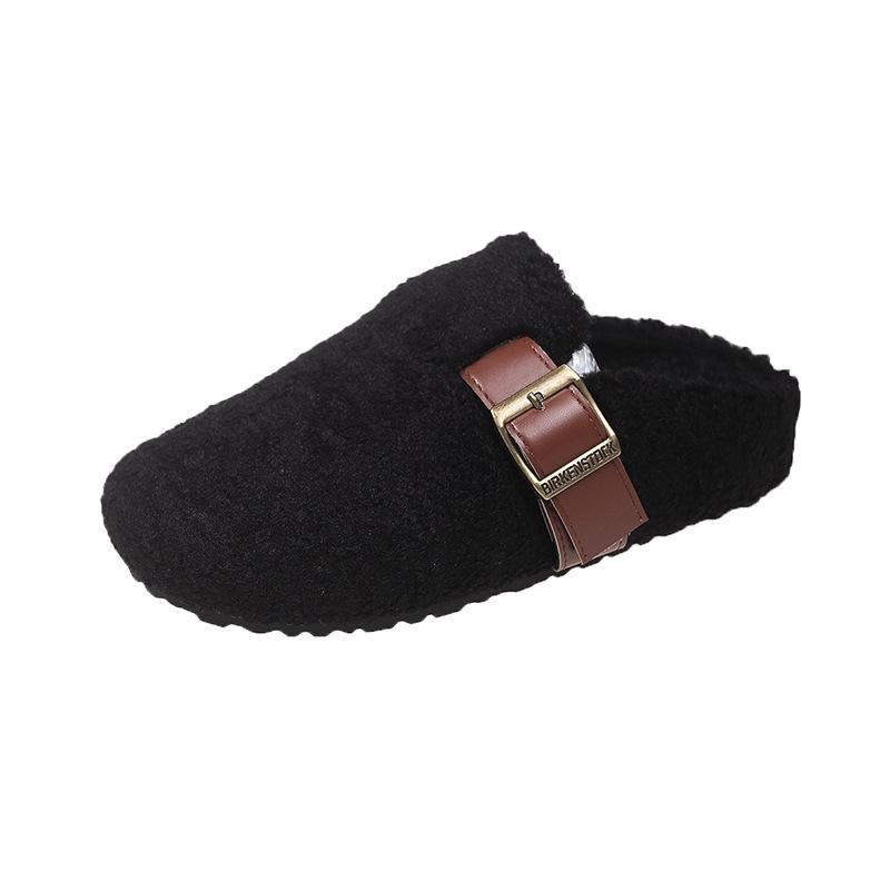 Thick-bottomed bag head, velvet warm half slippers, women's 2025 autumn new Korean version, one-pedal casual outer cotton slippers