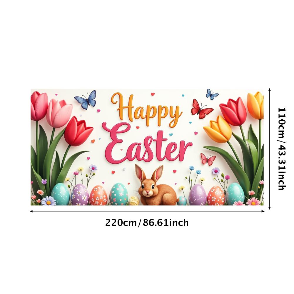 Happy Easter Banner Bunny Ears With Colorful Eggs Butterflies Backdrop Decorations Spring Celebration Background Party Supplies