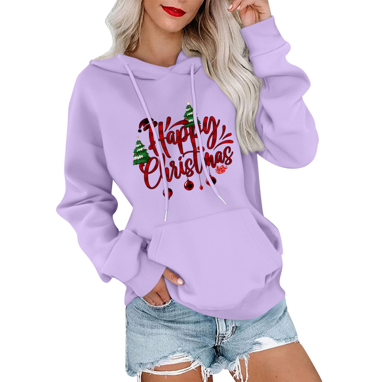 

Женский повседневный удобный свитшот с капюшоном, длинным рукавом и рождественским принтом XL фиолетовый
