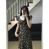 Coffee Break Black Floral Suspender Xiaofei Sleeve Dress Women's Xia Hepburn Temperament Long Dress