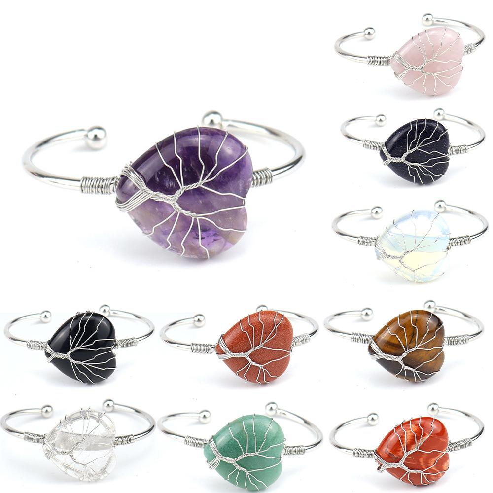 Handmade Copper Wire Wound Natural Crystal Amethyst Peach Heart Love Bracelet Bracelet Bracelet Rough Stone Crystal B23