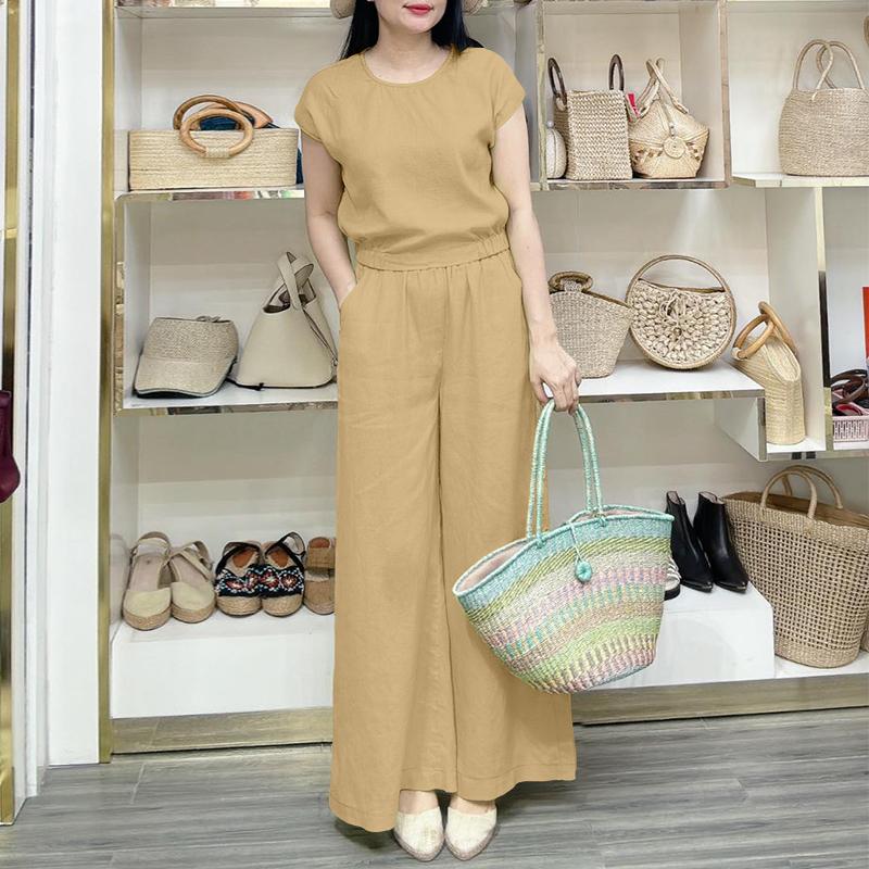 

ZANZEA Женская блузка с коротким рукавом и брюки Повседневные костюмы-двойки 5XL хаки