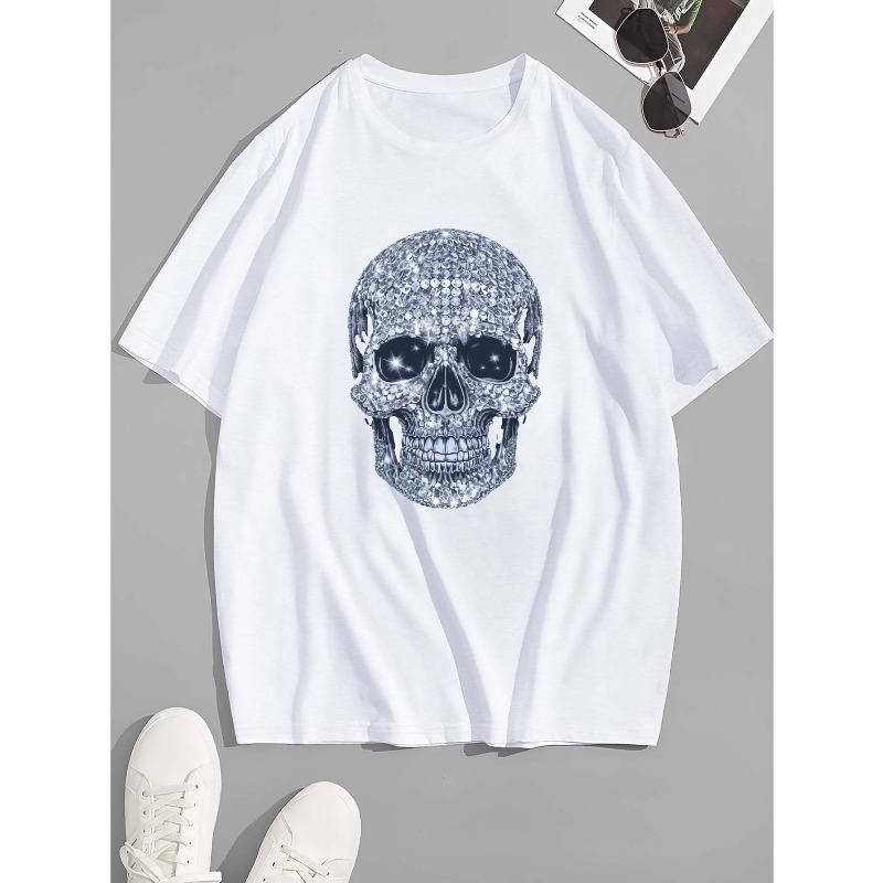 European sizes Men S  Size Casual T-Shirt with Diamond Encrusted Skull Print 2XL