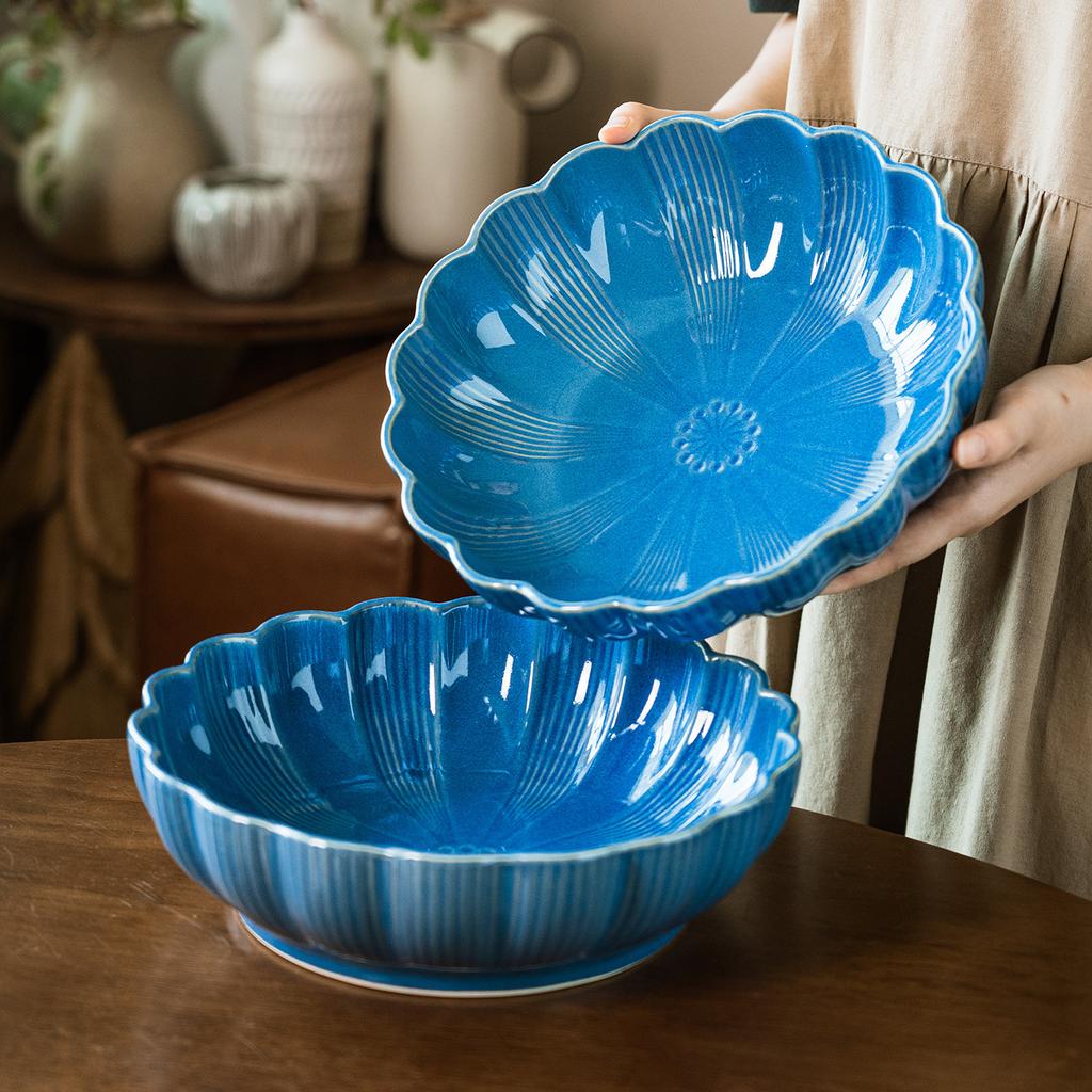 Light Luxury Blue Ceramic Large Bowl Exquisite Petal-Shaped Soup Bowl Household Restaurant Practical Tableware Vegetable Bowl Fruit Bowl