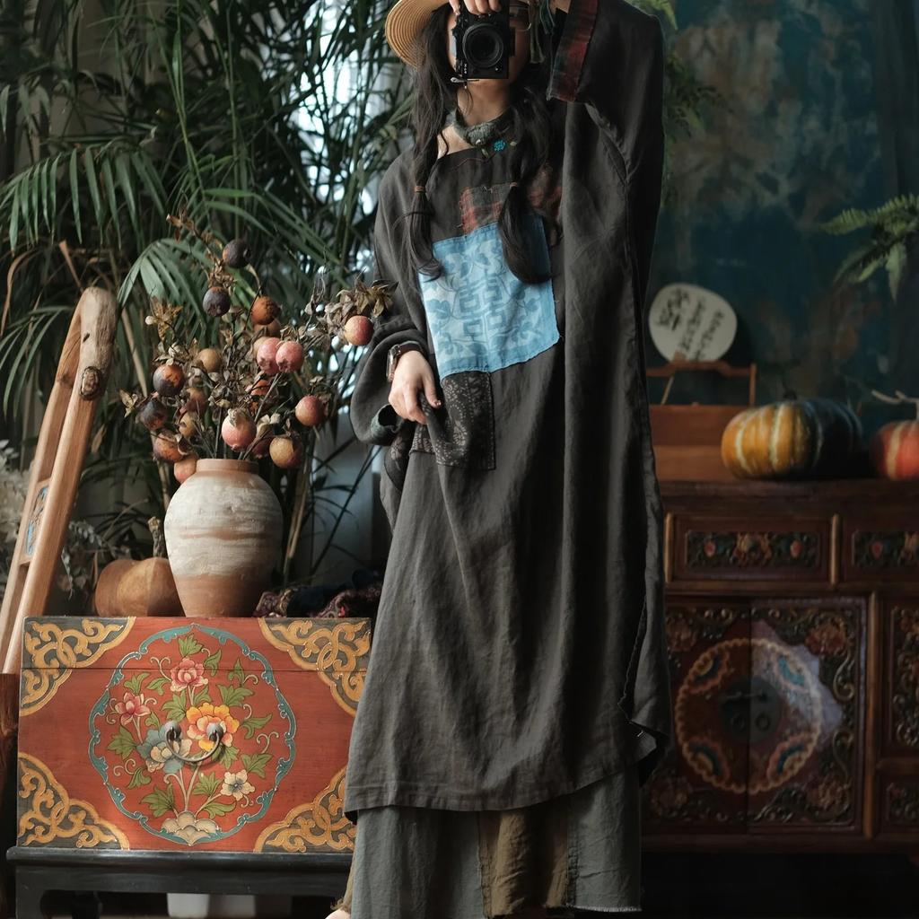 Johnature Women Vintage Dresses Spring Chinese Style O-Neck Long Sleeve Patchwork Color High Quality Loose Dress