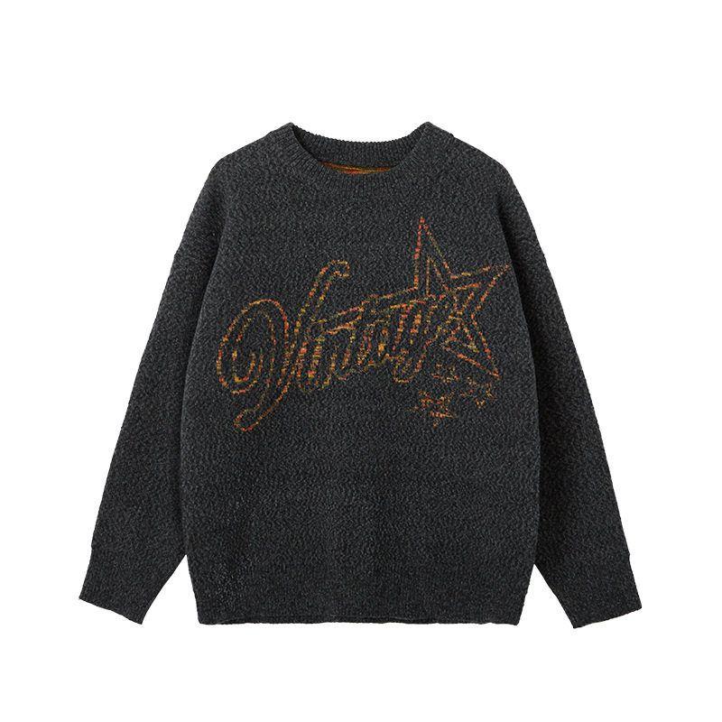 

American Street Color Spot Velvet Retro Pullover Crew Neck Sweater Men and Women 2024 Autumn and Winter Fashion Brand Letter Jacquard Knitwear Carbon Ash XL
