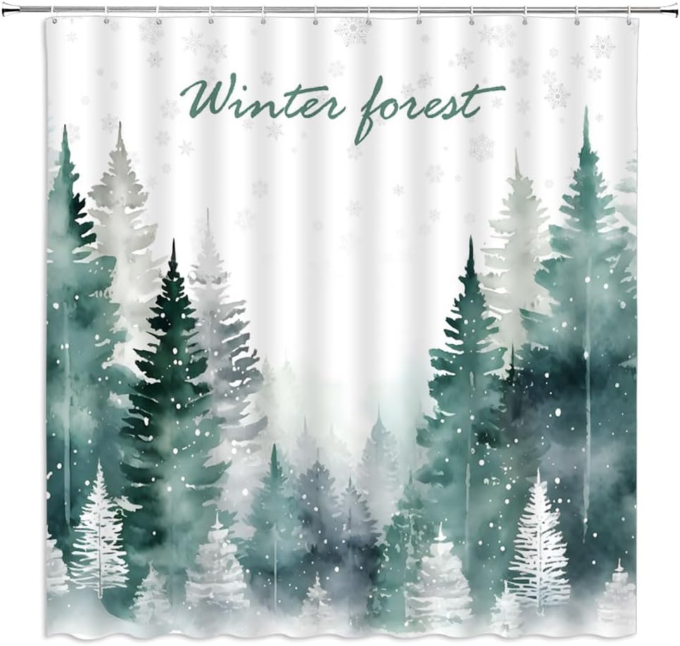Winterwald Frohe Weihnachten Duschvorhang Schneeflocke Kiefer Baum Schneelandschaft Aquarell Weihnachtsbaum Feiertagsfest Schmuck