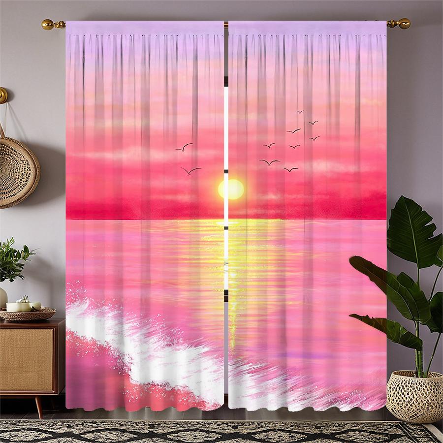 Beach Under Pink Sunset Printed Curtains Christmas Decorations Daily Home Room Curtain Polyester