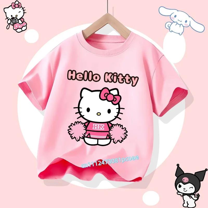 2026 Hello Kitty Summer Tshirt  Cotton ShortSleeved Girls Sportswear with Cartoon Print for Children Aged 112 Years Old