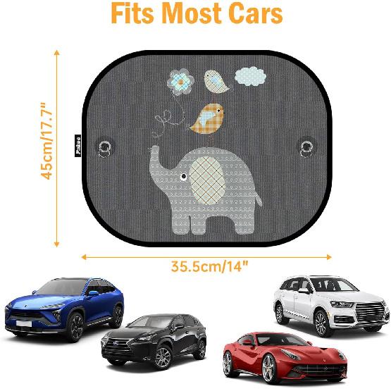 

Car Sun Shades for Baby, 2 Pack Mesh Window Shade Baby Kids Pet with Cute Animal Motifs, Side Window Screens for SUV, 17 x14 Universal Car Sun