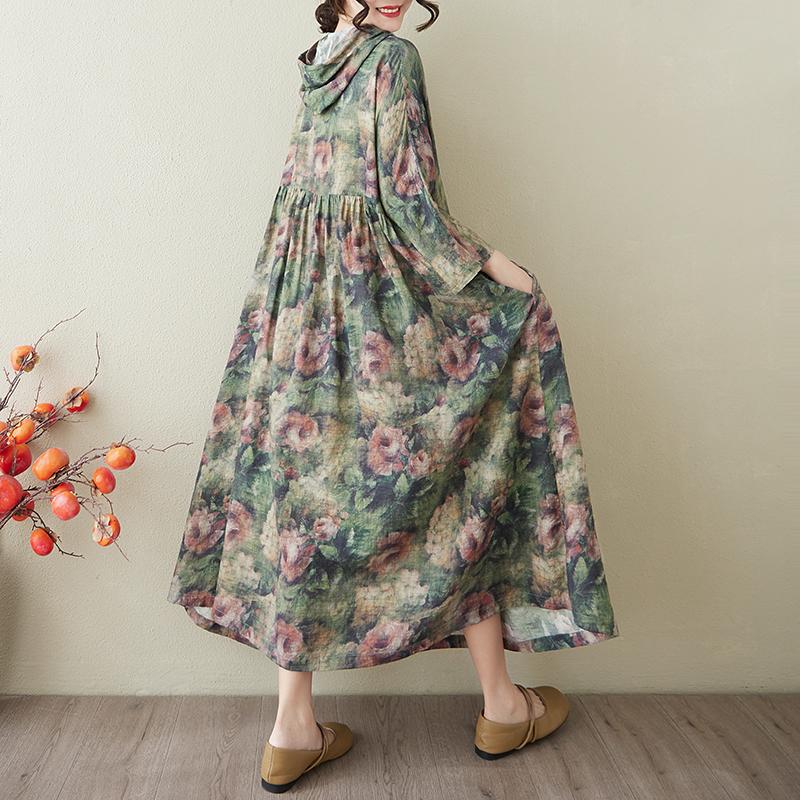 Dimanaf 2025 Summer Women Plus Size Long Dress Hoodies Pleated Basic Casual Loose Vintage Floral Dress Maxi