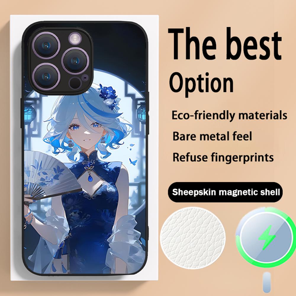 Genshin Furina game girl pattern Phone Case For iPhone 16 15 14 13 12 11 Plus Pro Max High-end Luxury Magsafe Sheepskin