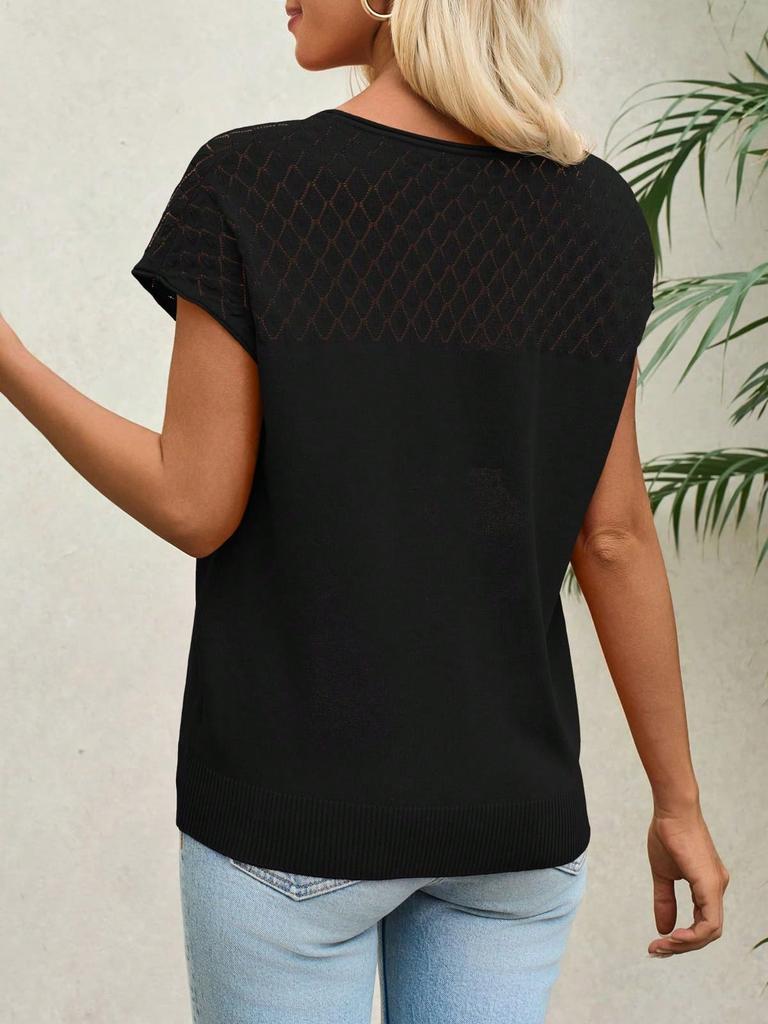 Women's Crochet Knit Short Sleeve Sweater Top Crew Neck Summer Casual Pullover