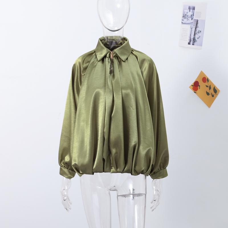 Satengstoff Damejakke Mote Plissert Pufferm Vendekrage Glidelås Løs Damejakker 2025 Vår Høst Gate Kontor Yttertøy