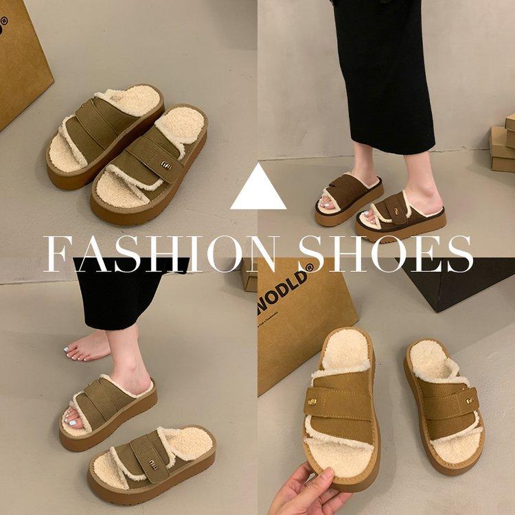 Maillard fluffy slippers women's autumn and winter velvet outer wear fashion and advanced sense 2025 new thick-soled heightening cotton slippers