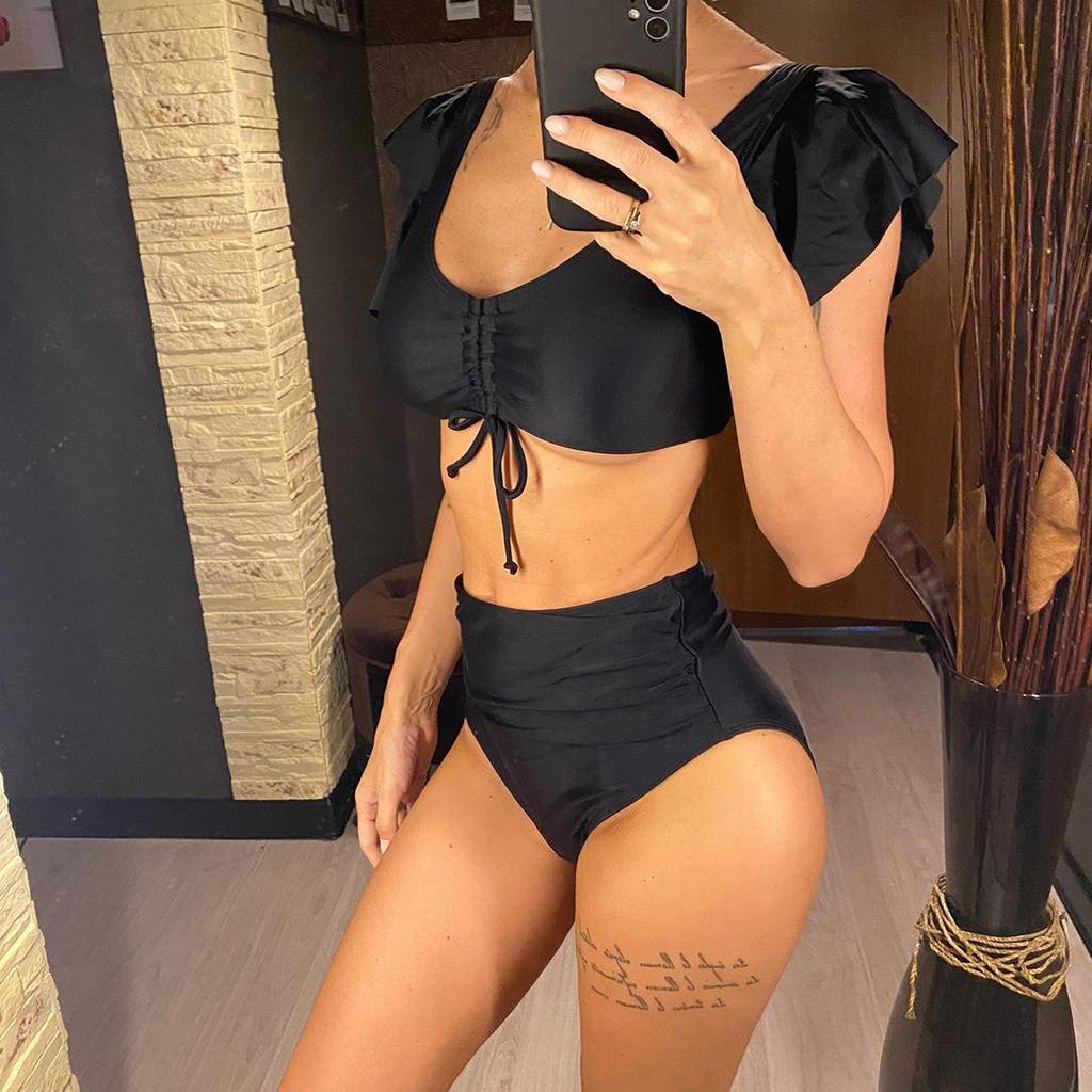 S- XL Sexy Lace Up Ruffled High Waist Bikini Female Swimsuit Women Swimwear Two-pieces Bikini Set Bather Bathing Suit Swim