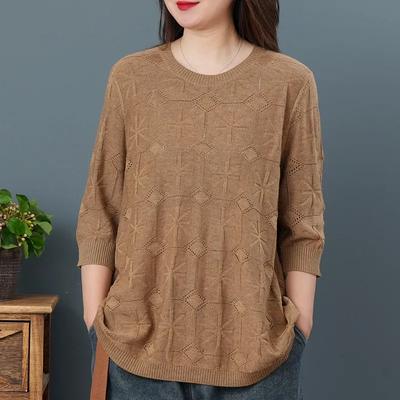 Autumn Round Neck Cotton Casual Loose Three-quarter Sleeve Knit Sweater Women Retro Literary Loose Thin T-shirt Women