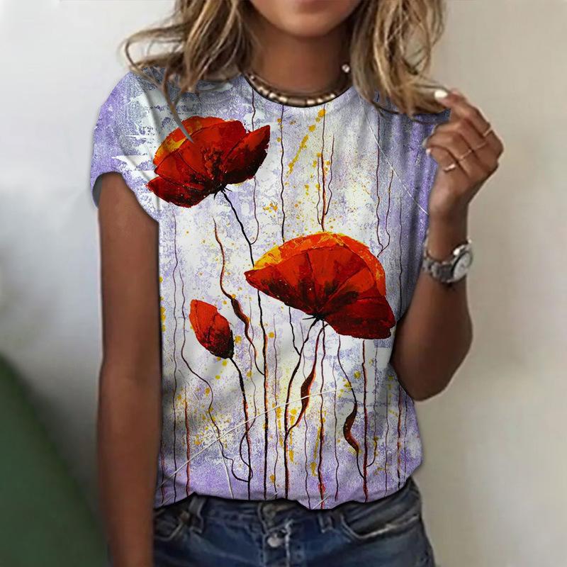 Street Style Cool Feeling 3D Digital Printing Floral round Neck Short Sleeve Women s T-Shirt Casual Comfortable Milk Silk Pol... XS
