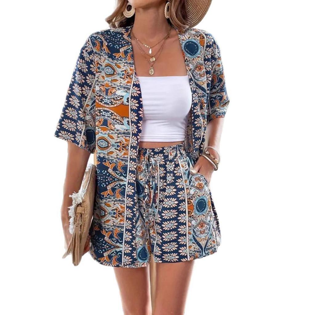 2025 Cross-Border Hot-Selling Elegant Vacation Print Two-Piece Set: Short Sleeve Shirt & High-Waist Tie Shorts