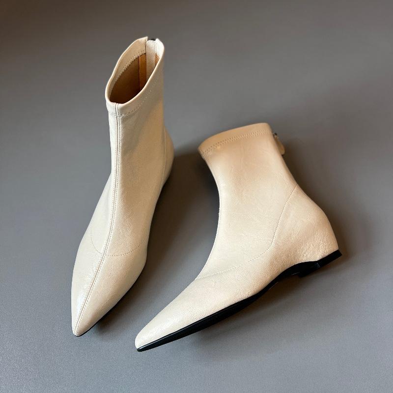 SIXWOO commuter inner height gain slim boots 4.5cm pointed soft leather elastic boots rear zipper wedge heel boots new