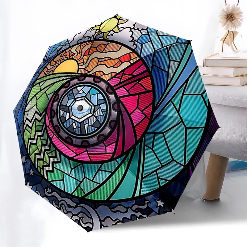 

1pc Stained Glass Spiral Auto Open Close Umbrella - Portable Tri-Fold Design with 8-Rib Iron Frame, Outdoor, Gift for Fans, Travelers, Daily Use.SS037