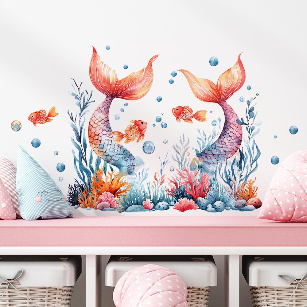 2 Pcs Creative Mermaid Tail Coral Seaweed Bedroom Living Room Background Landscaping Decoration Wall Stickers