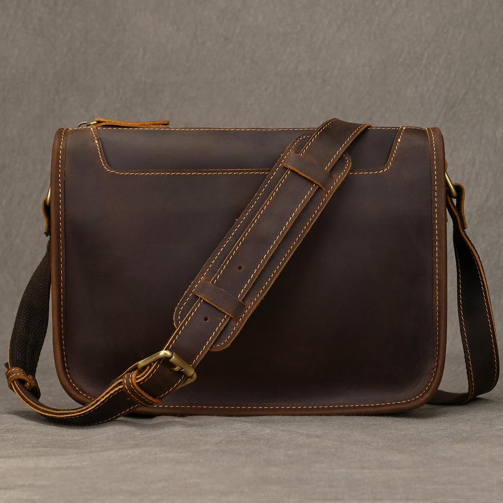 Luufan Men's Genuine Leather Messenger Bag, Crossbody Bag, iPad Compatible, Commuter Bag, Cycling Bag, Popular Casual Bag, Lightweight (Coffee)