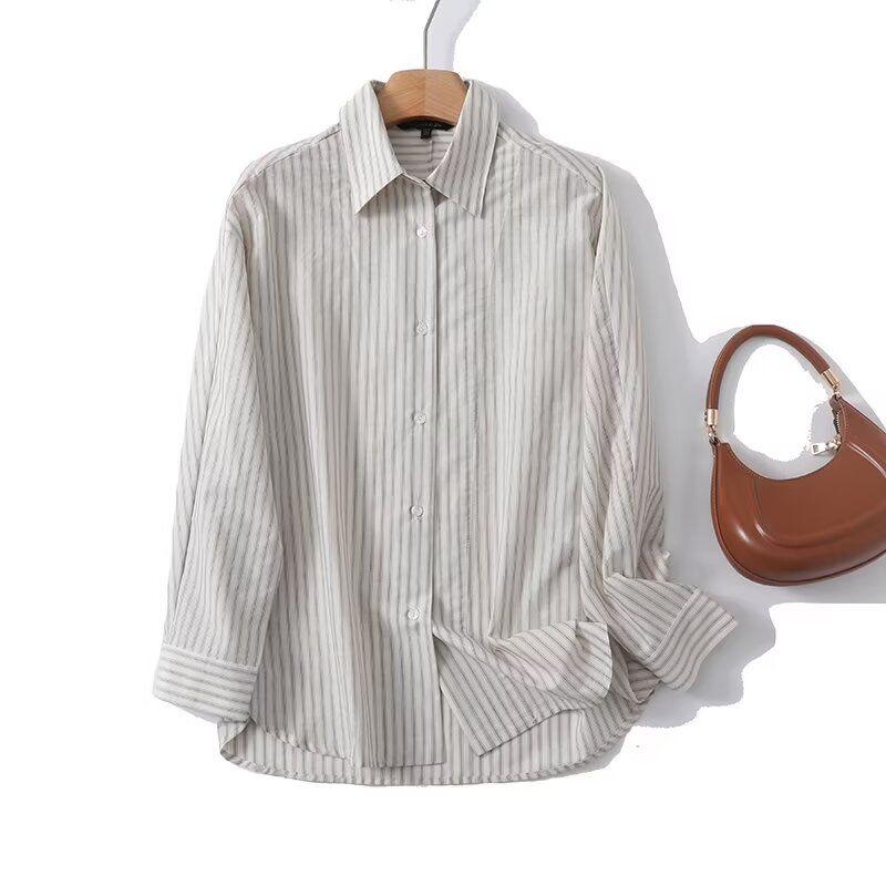 

MD Women s Clothing New Intellectual Intelligence Commute Style Pure Cotton Loose-Fitting Striped Long Sleeves Shirt 05153853250 Beige White L