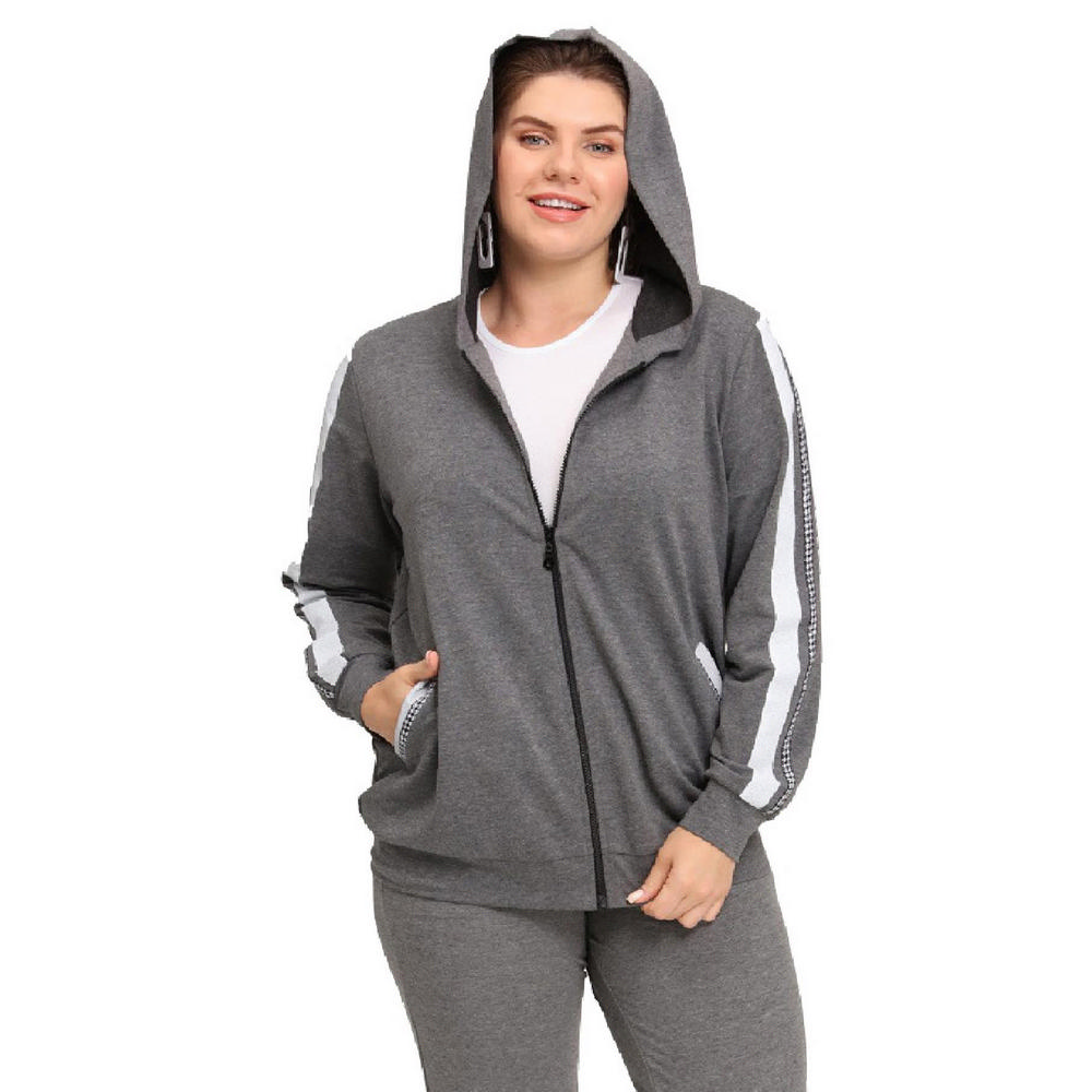 Fierte Women's Large Size Jacket Lm45011 Zipper Closure Seasonal Hood Stripe Detail Double Pocket Long Sleeve Sports Tracksuit Top Anthracite Black