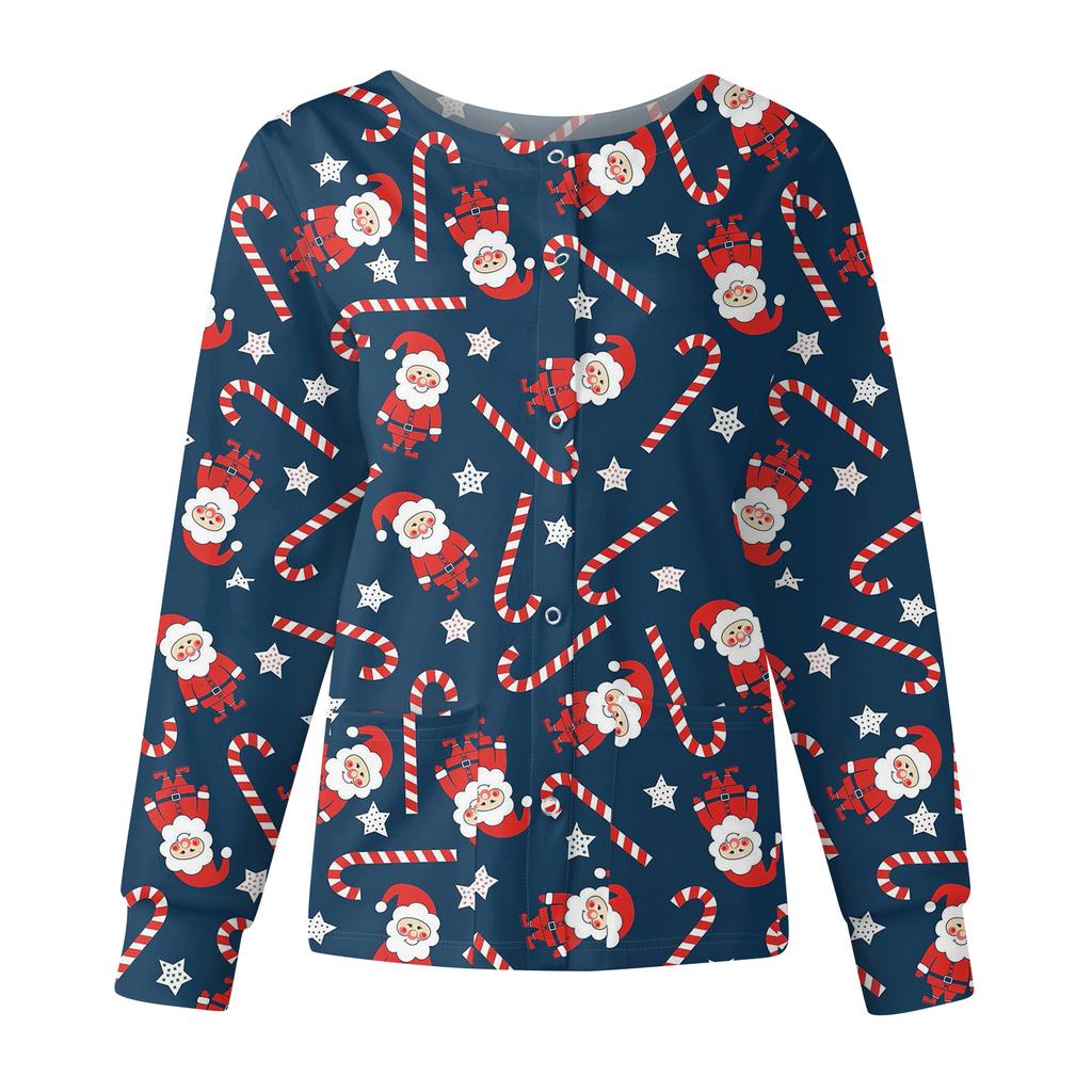 Damska codzienna moda długi rękaw stójka jednorzędowa kurtka robocza topy z nadrukiem świątecznym