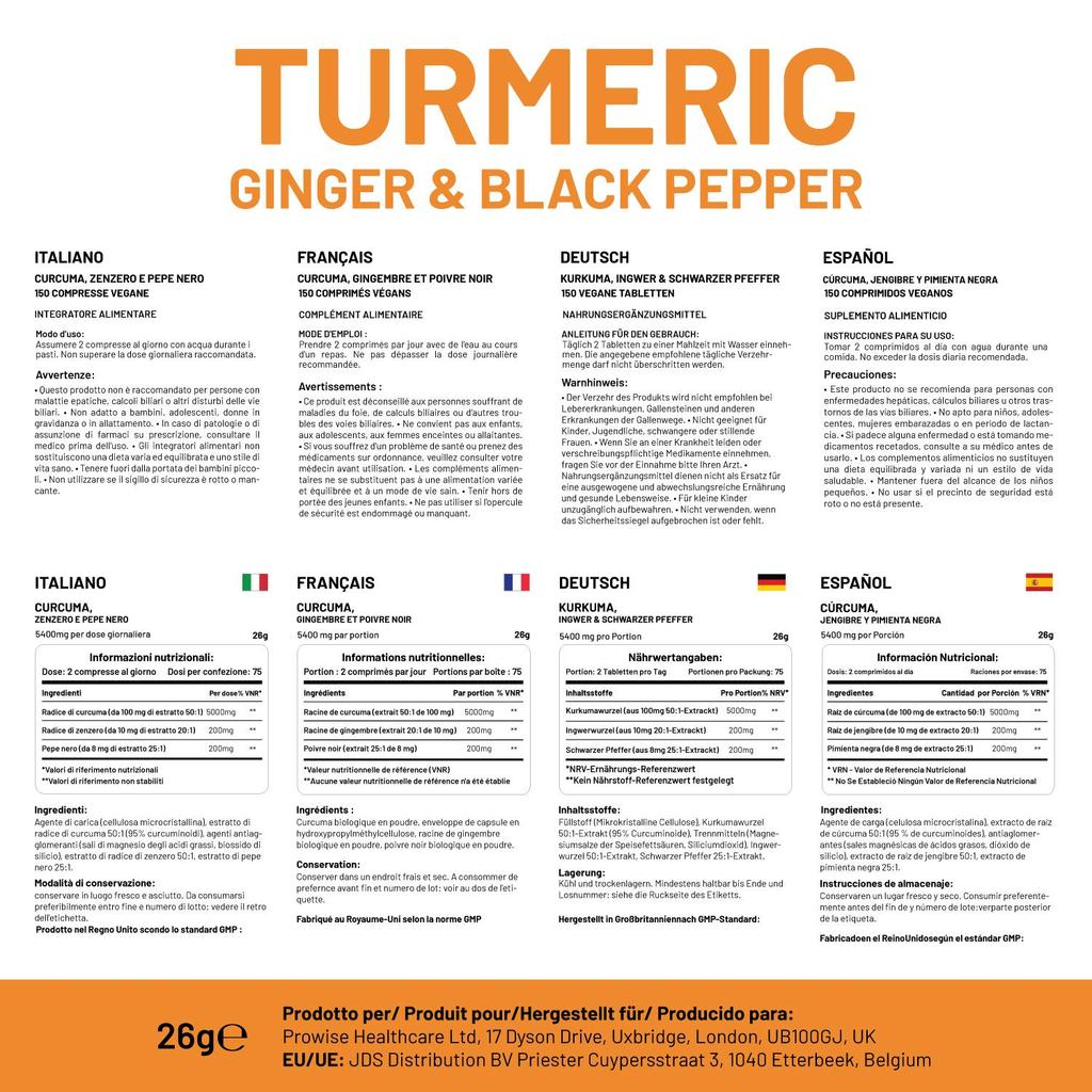 Turmeric Tablets 5400mg with Black Pepper, Ginger - High Strength Turmeric 95% Curcumin Supplements