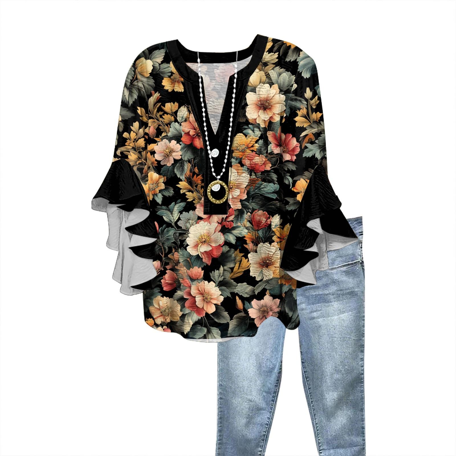 

Летние топы для женщин, симпатичные блузки с V-образным вырезом и рукавом 3/4, повседневные рубашки с принтом XL бежевый