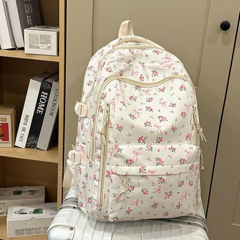 Multi-compartment Bow Pattern School Bag Multi-pocket Rucksack Floral Print Backpack Travel