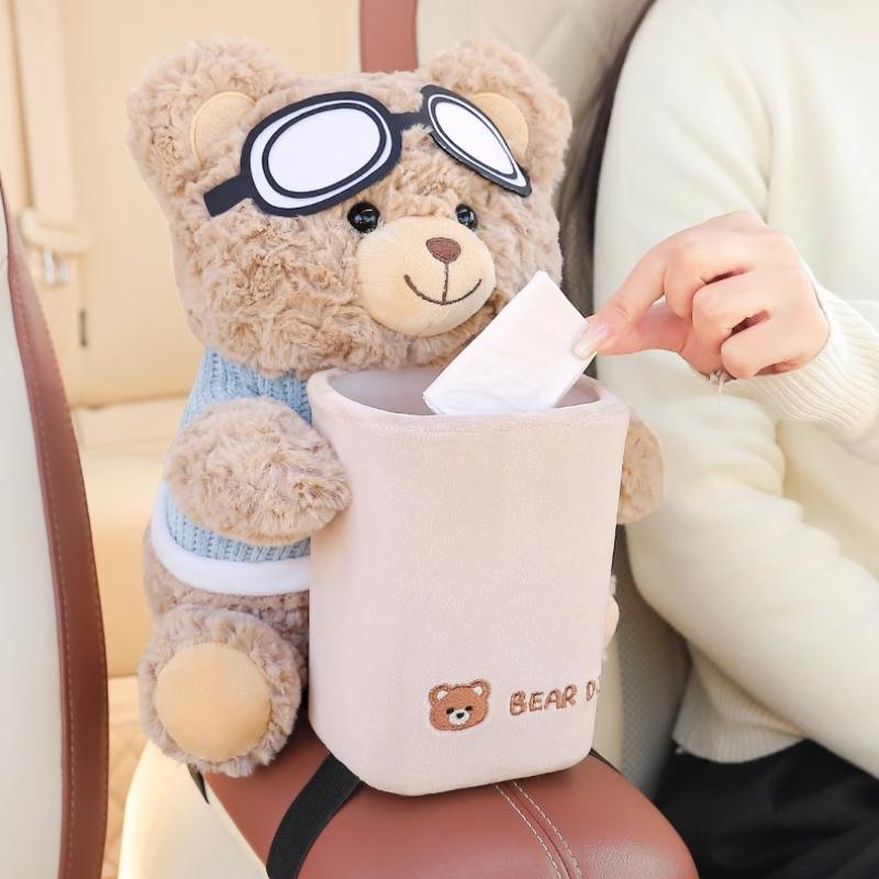 Cute Bear Car Tissue Boxes and Bin 2 in 1, Creative Storage Rack, Armrest Storage Cute Car Accessories Tissue Holder