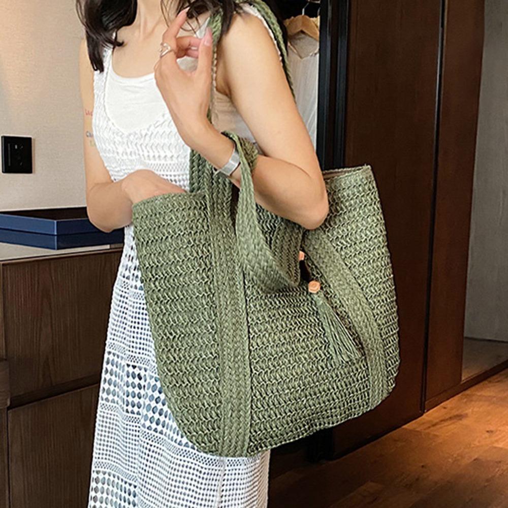Casual Solid Color Tote Bag Large Capacity Hand Woven Shoulder Bag Tassel Pendant Square Handbag Women