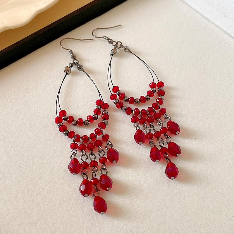 

Retro artificial glazed water drop long ear hook Bohemian fashion fringed earrings temperament high-end earrings women