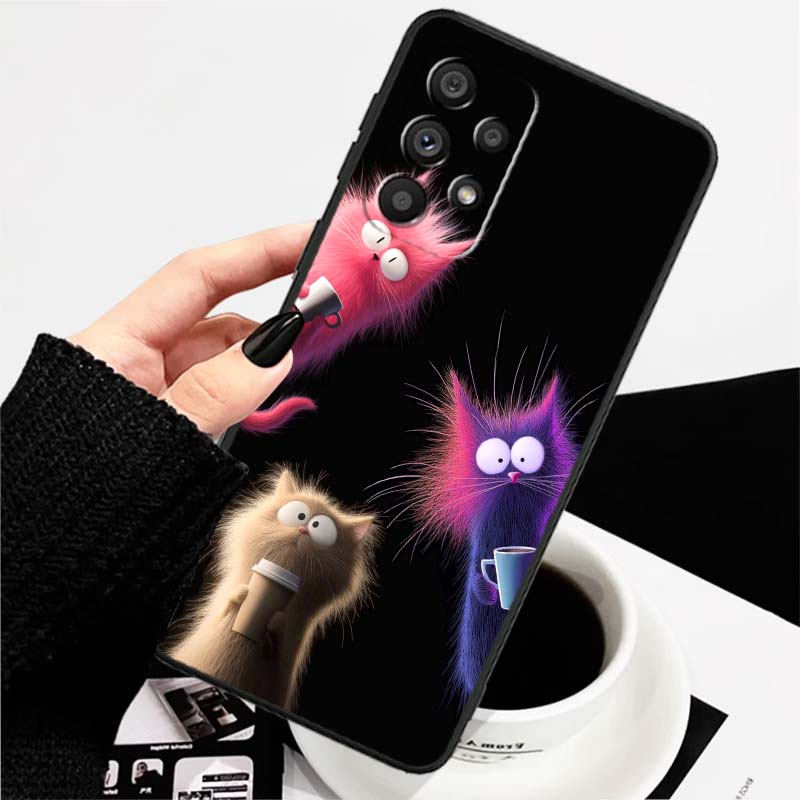 Anime cartoon cat illustration For Samsung A73 A72 A71 A55 A54 A53 A52 A51 A13 A22 A16 A15 A12 A14 A26 A07 5G Black Phone Case