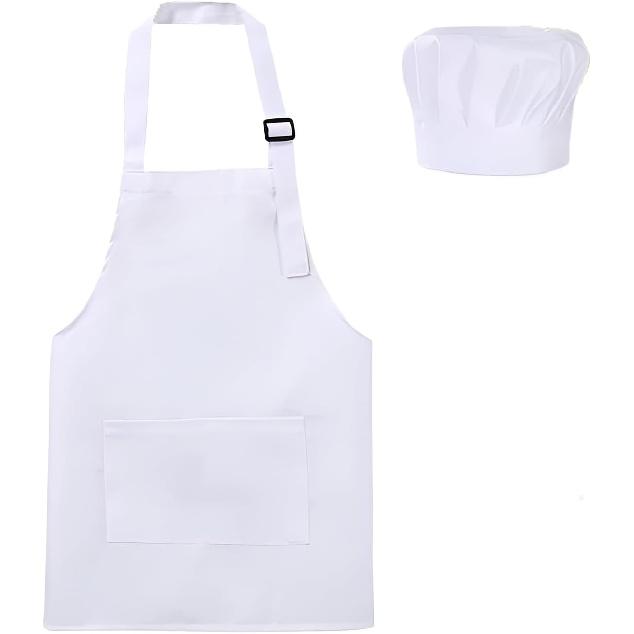 Kids Chef Hat And Apron Set For Cooking Baking Painting, Adjustable Kids Aprons And Chef Hats Set, White