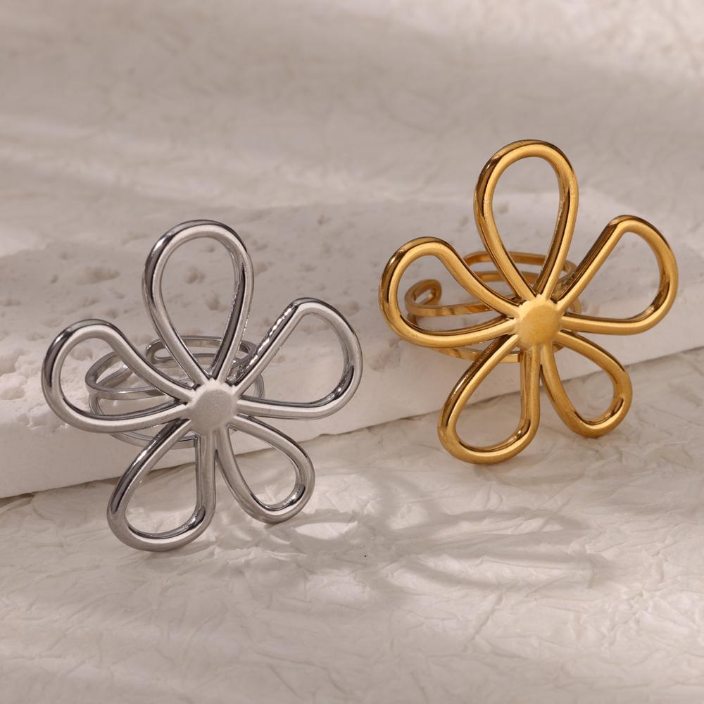 Stainless Steel Hollow Flower Open Rings For Women Trendy Aesthetic Wedding Couple Ring Femme Jewelry Accessories Gift Anillos