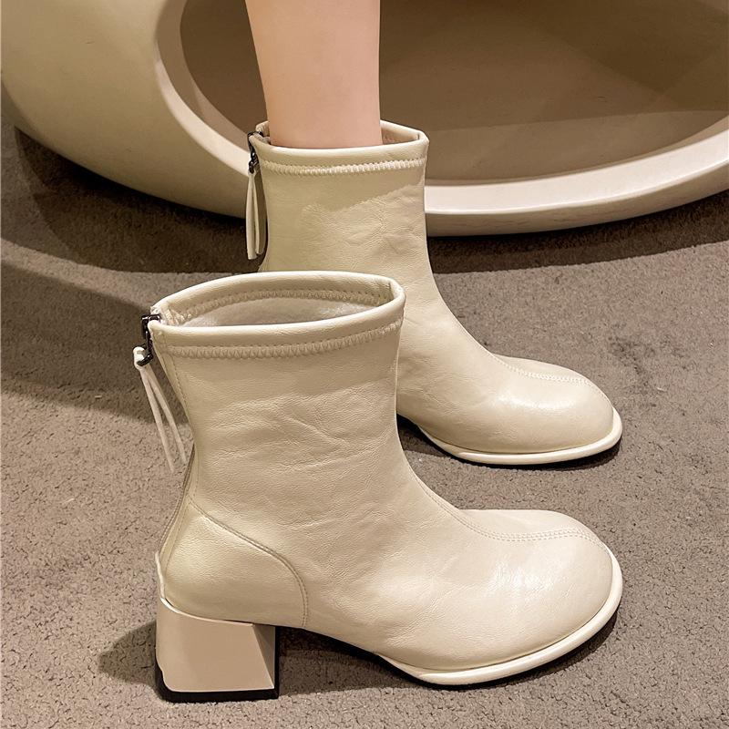 

8598-3 French British style short women s boots thick heel 2025 new winter fashion versatile retro thin short boots women 39 бежевый