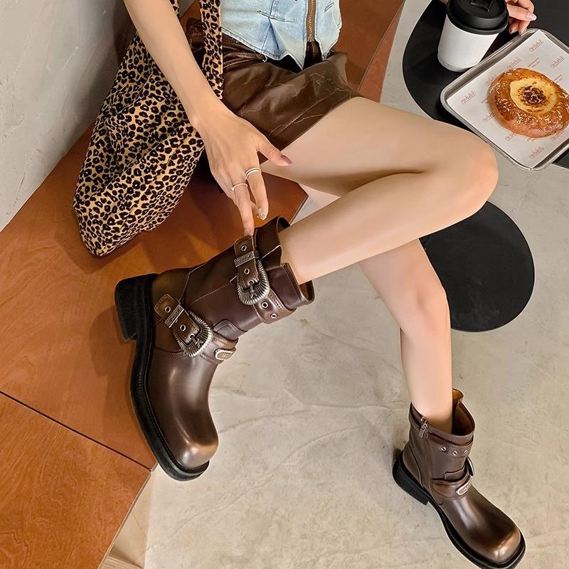 Spring New Square Head Mid-Tube Boots Maillard Locomotive Boots Mid-Heel Western Cowboy Boots Trendy Martin Boots Women'S Boots