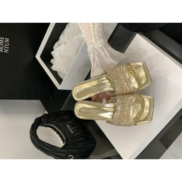 Fashion Shoes Glitter Slides Ladies' Slippers Low Slipers Women Heeled Mules Square Toe Jelly 2025 High Summer Rubber Crystal Rome Fabri