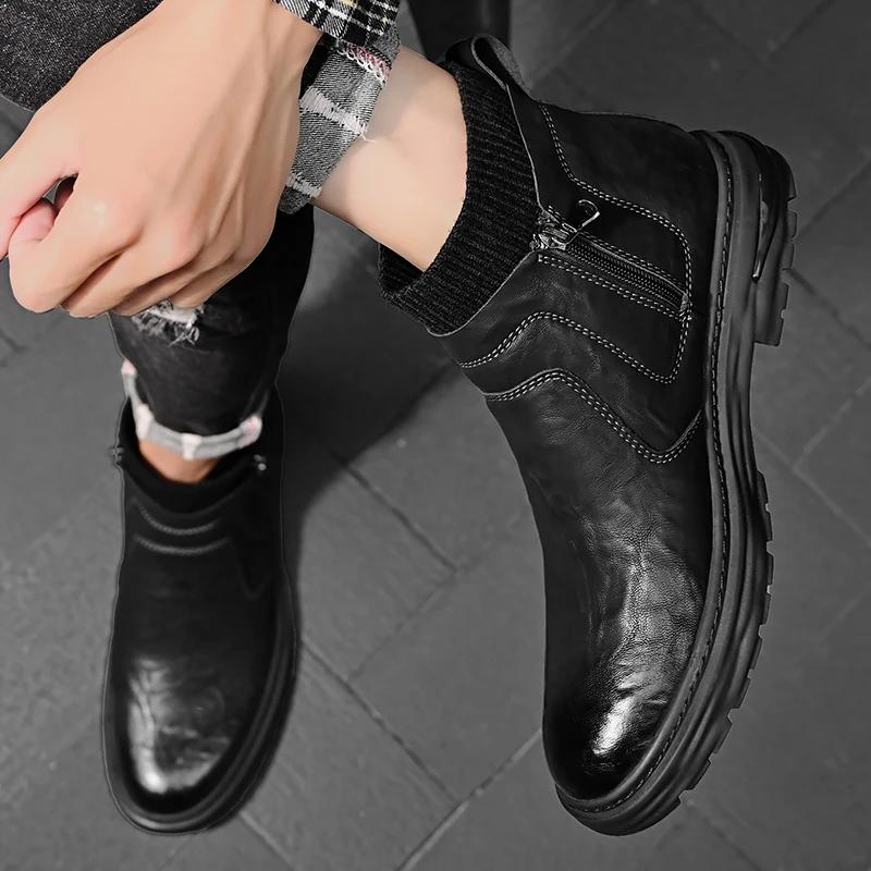 New Men Fashion Ankle Boot Casual Leather Lightweight Side Zipper Outdoor Boot Men Classic Breathable Work Shoes Winter Non Slip