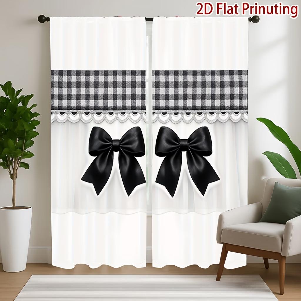 2PCS Digital Printed Curtains, Bows Black Plaid Girly Checkered Pattern, Window Curtains for Living Room Bedroom Home Decoration