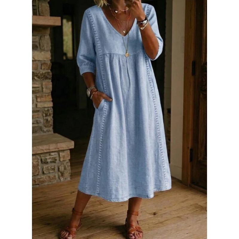 Women's V Neck Three Quarter Sleeve Loose Fit Lace Spliced Linen Blend Midi Dress Solid Color Casual Vacation Daily Wear Long Sundress
