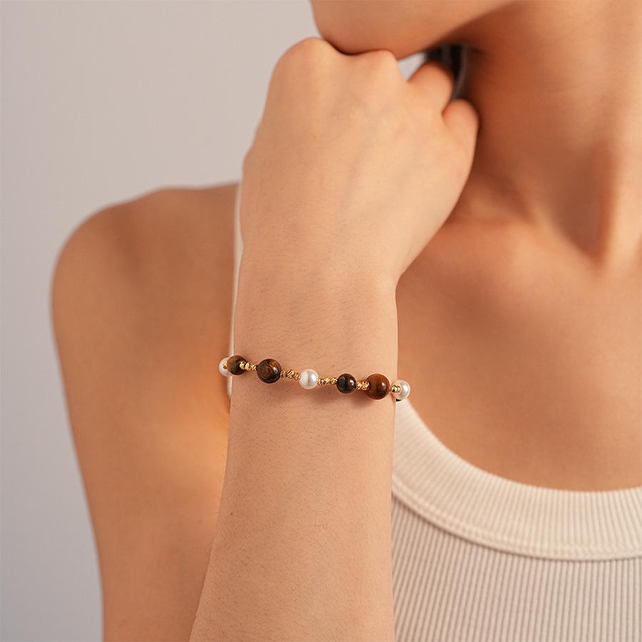 Retro Bransoletka z Imitacją Tygrysiego Oka i Imitacją Perły, Pozłacana, Ekskluzywna Biżuteria Modowa dla Kobiet.