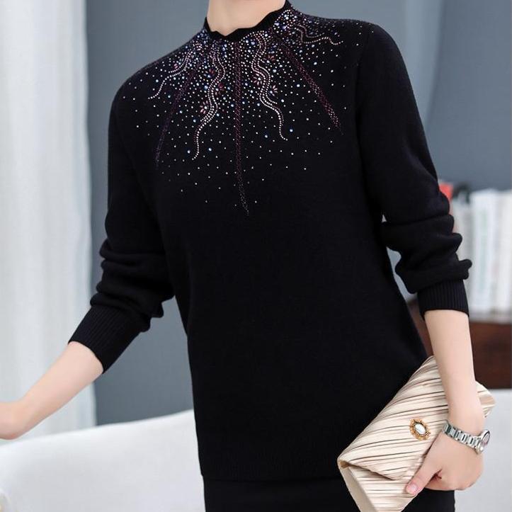 Women's Plus Size Sweater Winter Half-Turtleneck Solid Color Rhinestone Knit Pullover Sweater