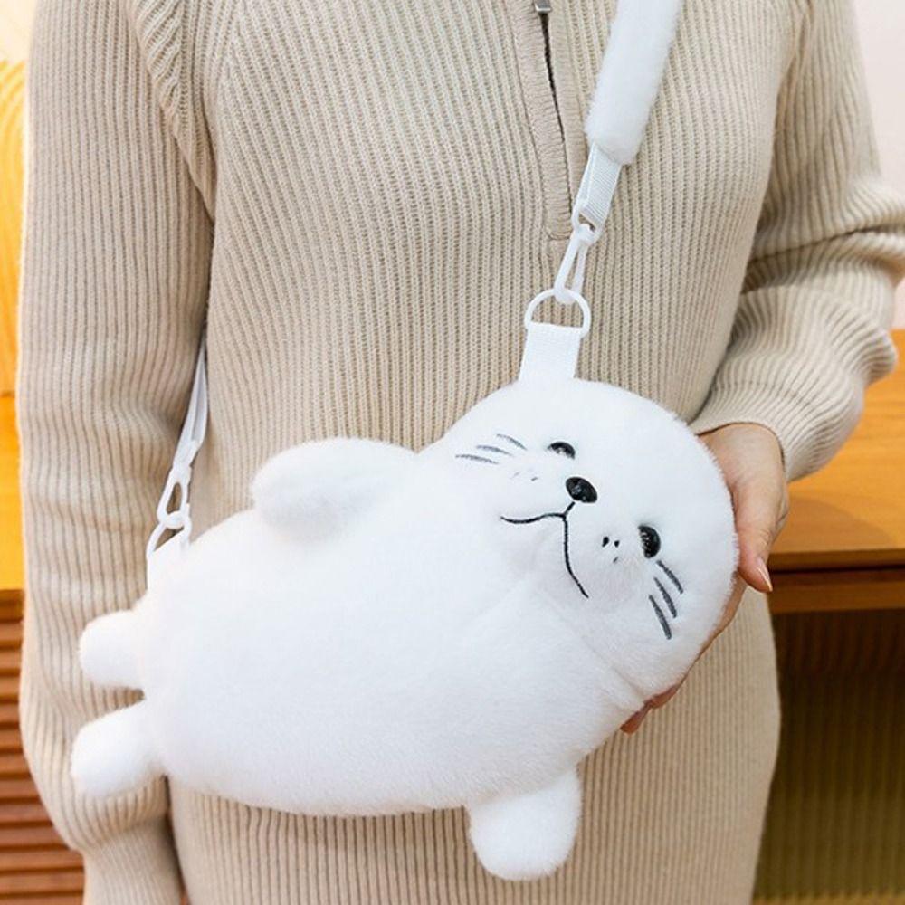 Adorable Seal Shoulder Pouch Soft Plush Crossbody Bag Creative Cartoon Seal Handbag  Students