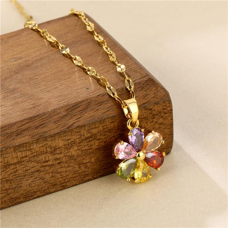 Vintage Bohemia Colorful Zircon Crystal Flower Pendant Stainless Steel Women Necklaces Female Clavicle Chain Jewelry